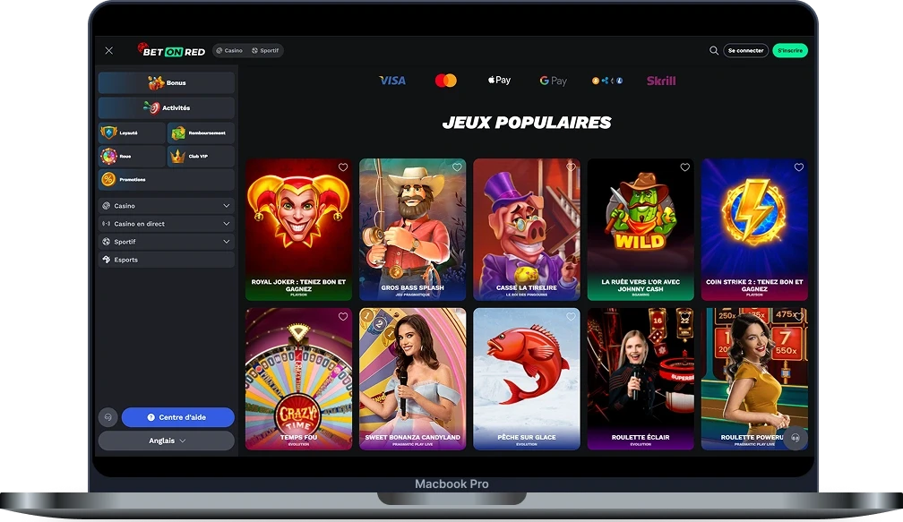 Interface du casino BetOnRed montrant les options de jeu et de transaction