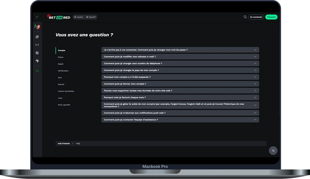 Interface du support client BetonRed affichant les options d'aide pour les transactions bancaires.